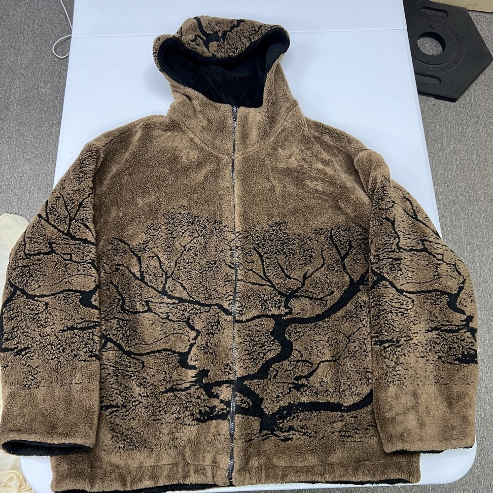 Country Woods Fleece Hoodie Mens Medium Brown Tree Branch Print Full Zip Jacket
